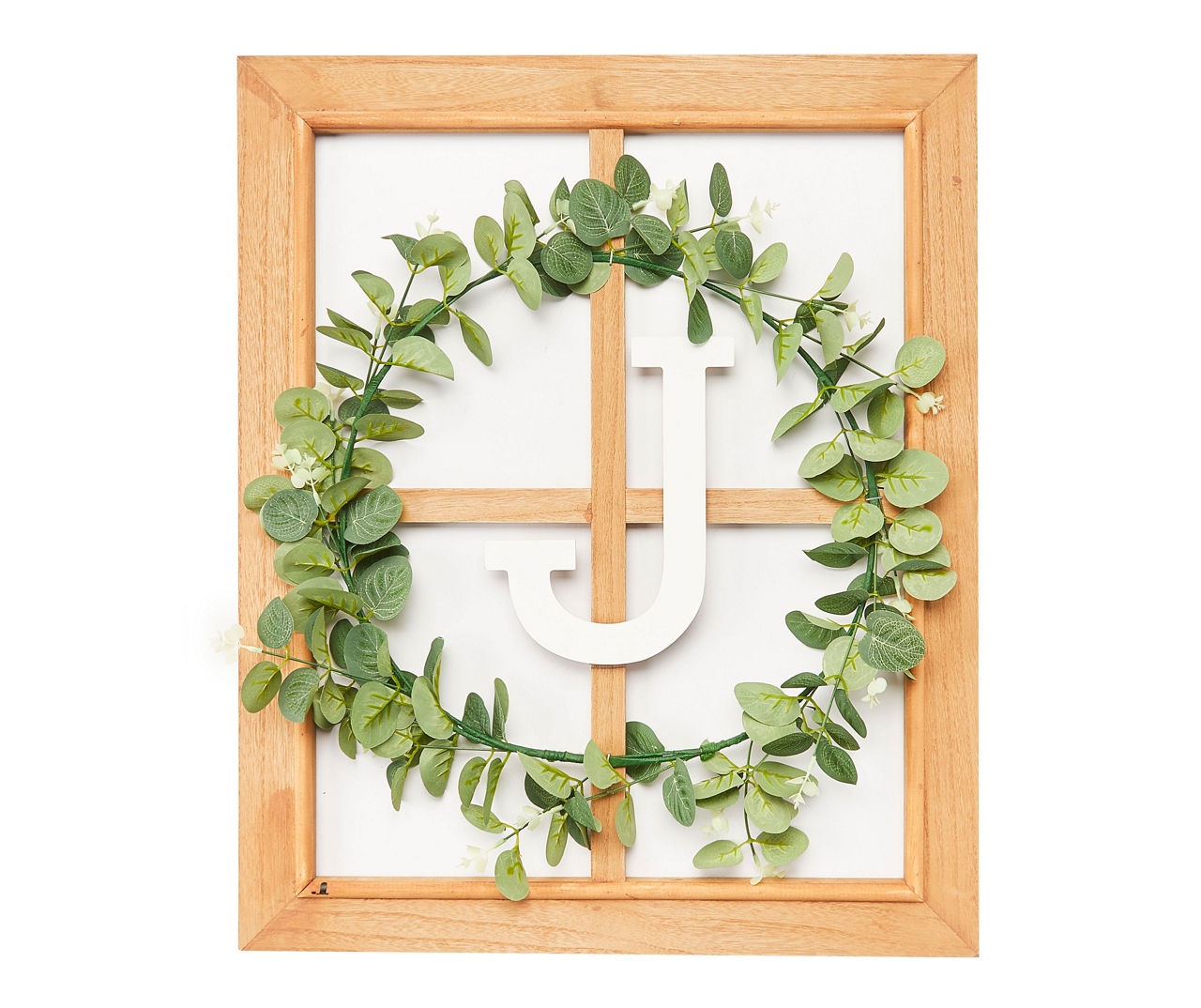"J" Monogram Framed Windowpane Plaque with Greenery Wreath