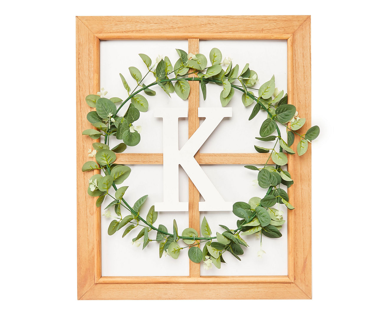 "K" Monogram Framed Windowpane Plaque with Greenery Wreath