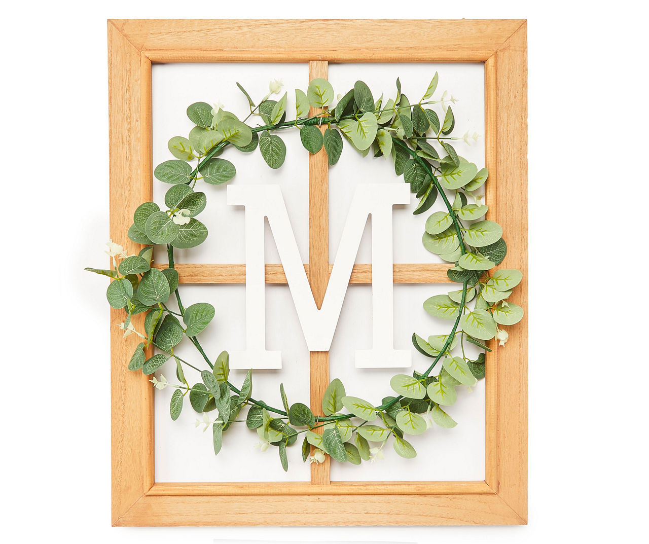 "M" Monogram Framed Windowpane Plaque with Greenery Wreath