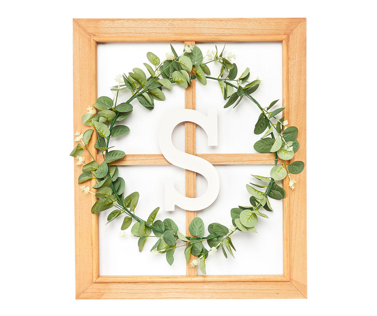 "S" Monogram Framed Windowpane Plaque with Greenery Wreath