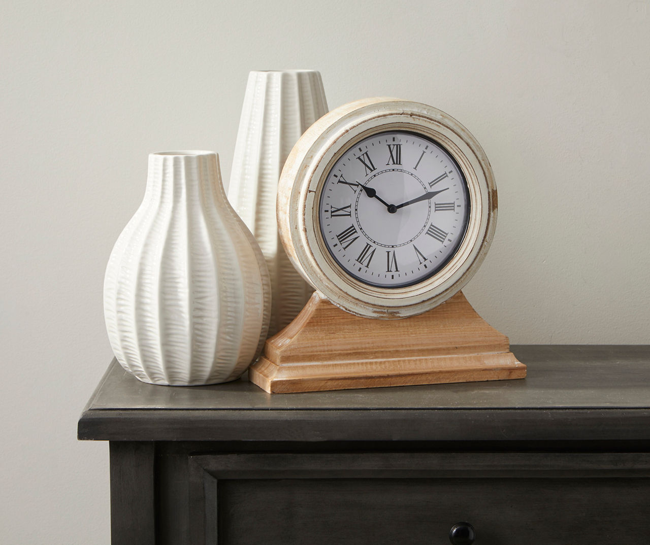 Whitewash Roman Numeral Wooden Tabletop Clock