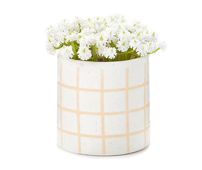 White Artificial Flower Arrangement in Windowpane Plaid Ceramic Pot