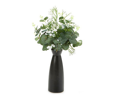 Green & White Artificial Floral Arrangement in Black Vase