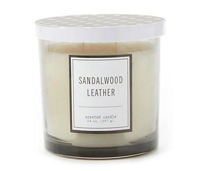 Sandalwood Leather Gray & White Jar Candle With Polka Dot Lid, 14 oz.