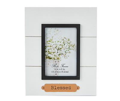 "Blessed" White & Brown Wood Slat Picture Frame, (4" x 6")