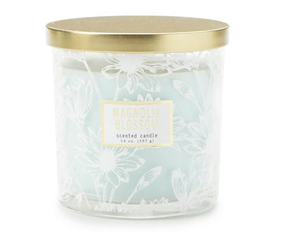 Magnolia Blossom Blue & White Floral Jar Candle, 14 oz.