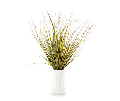 25" Green Grass in White Ripple Round Ceramic Pot