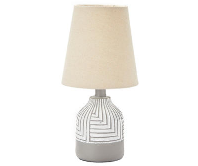 Gray & White Line Pattern Cement-Look Round Table Lamp