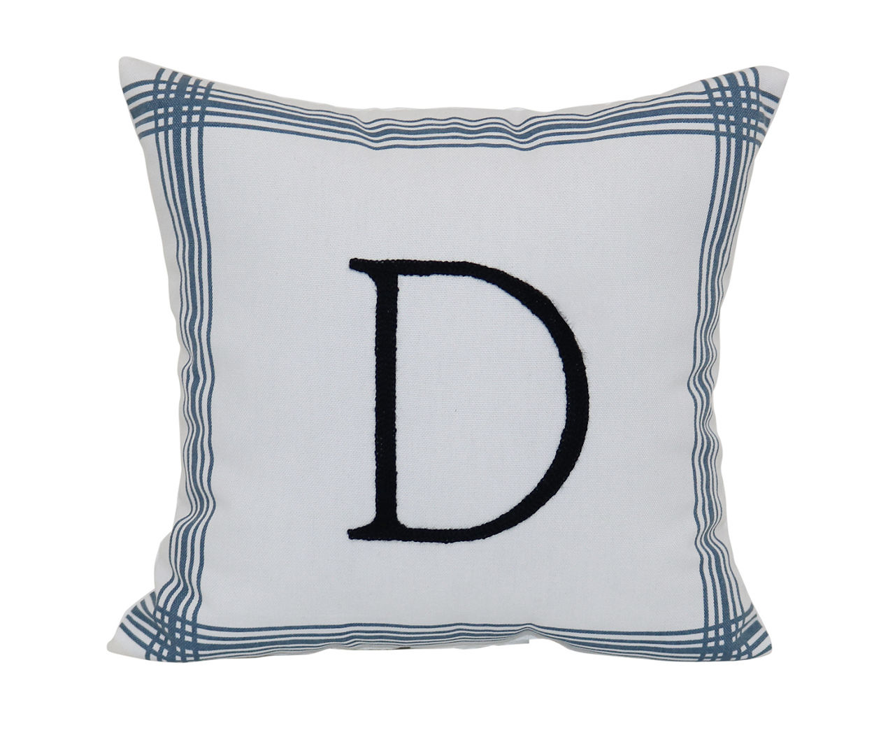 "D" White & Blue Plaid-Border Monogram Decorative Pillow