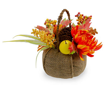 Autumn Floral Arrangement in Burlap Pumpkin Basket