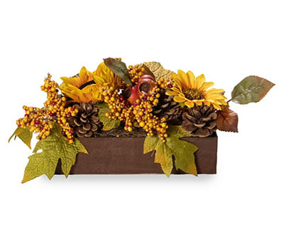 Sunflower, Leaf & Berry Arrangement in Brown Box