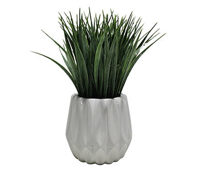 11.4" Artificial Grass Plant in White Geometric Ceramic Pot