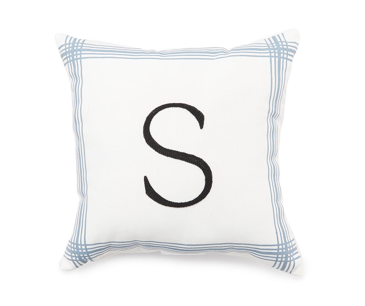 "S" White & Blue Plaid-Border Monogram Decorative Pillow