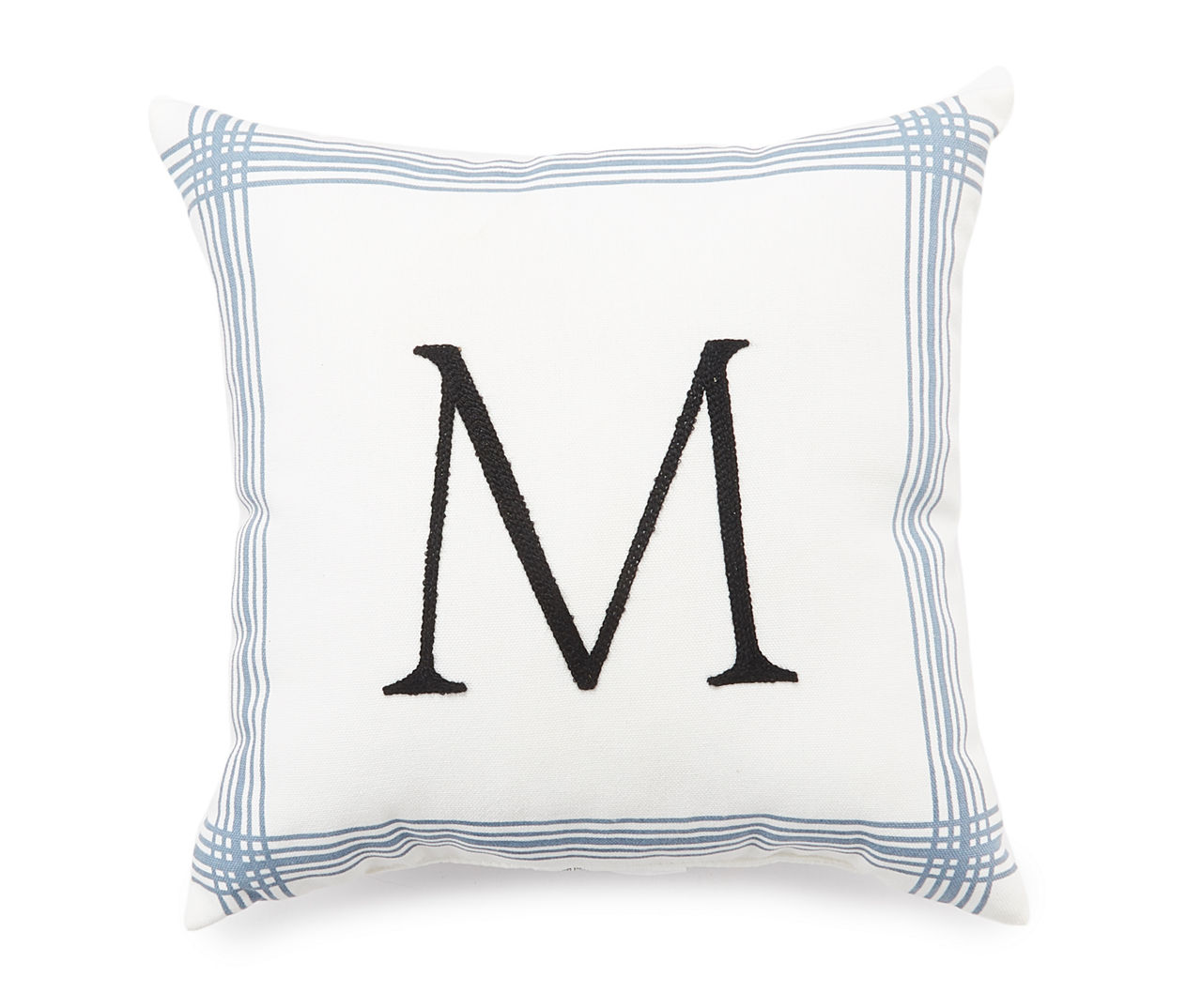 "M" White & Blue Plaid-Border Monogram Decorative Pillow