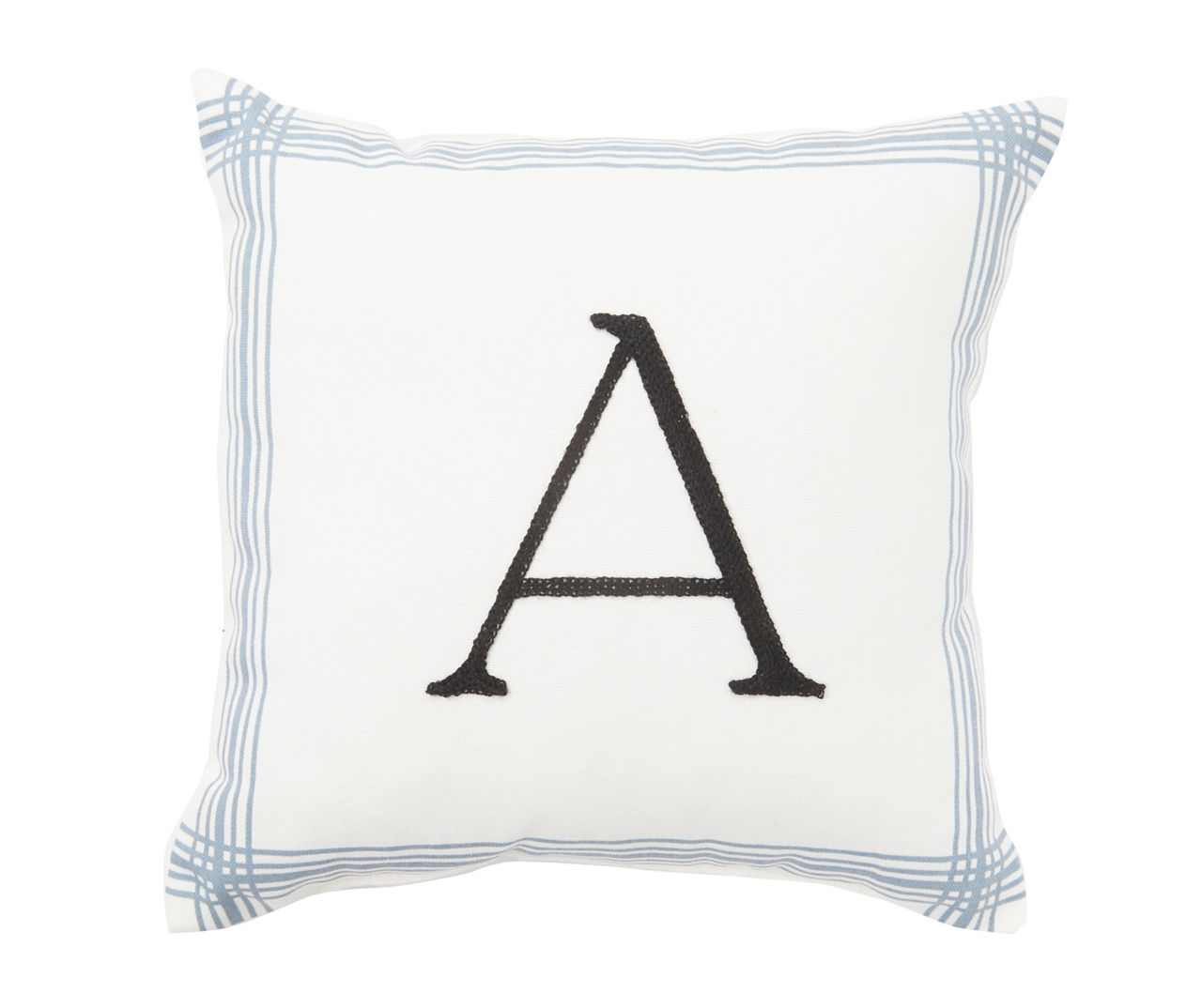 "A" White & Blue Plaid-Border Monogram Decorative Pillow