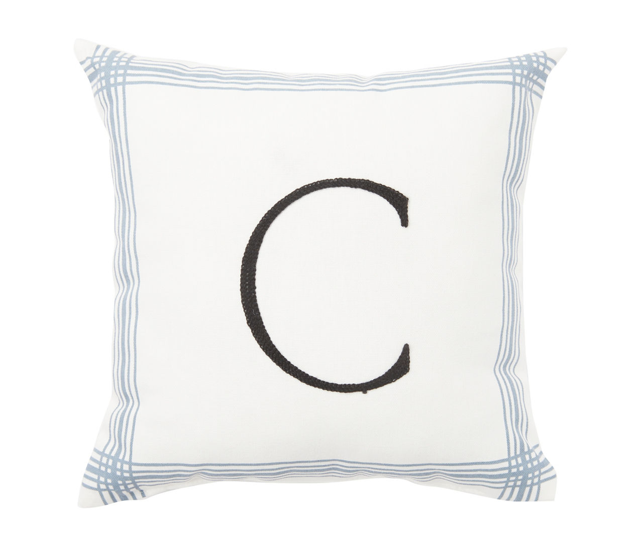 "C" White & Blue Plaid-Border Monogram Decorative Pillow
