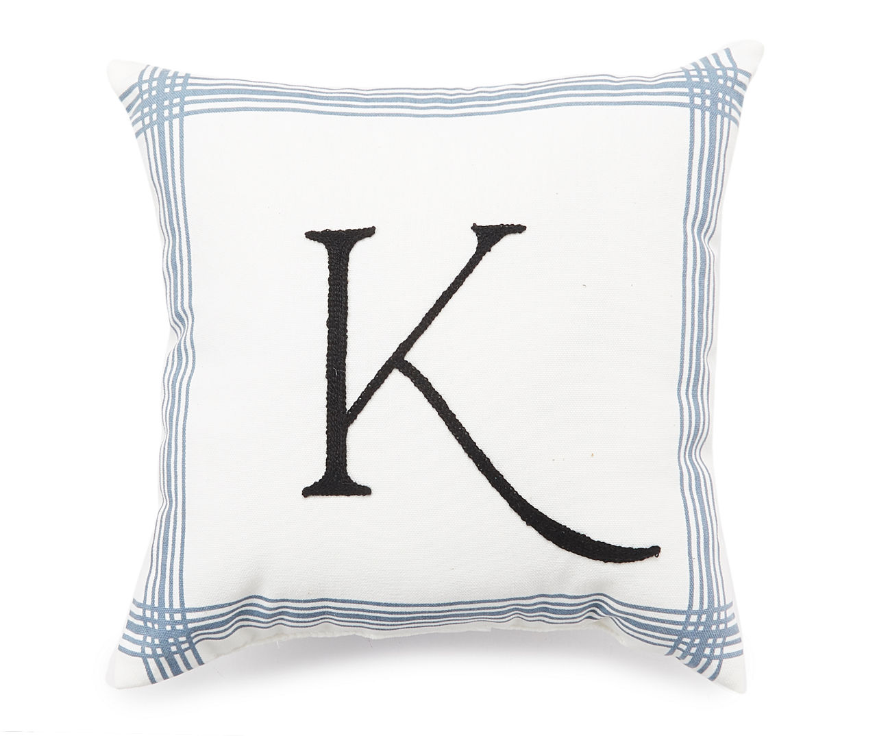 "K" White & Blue Plaid-Border Monogram Decorative Pillow