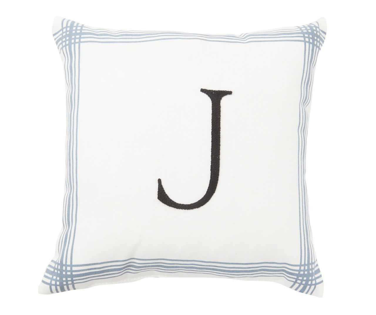"J" White & Blue Plaid-Border Monogram Decorative Pillow