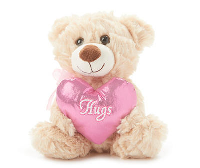 7" "Hugs" Light Brown Sitting Bear with Pink Heart Valentine's Plush