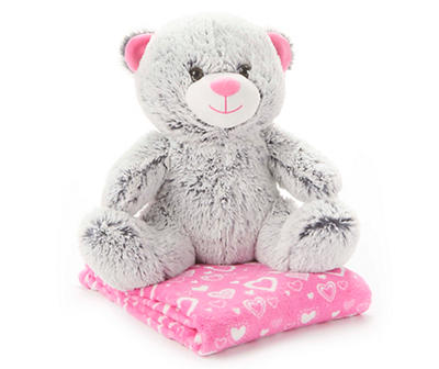12" Gray Sitting Bear Plush & Heart Blanket Set