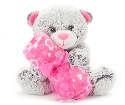 12" Gray Sitting Bear Plush & Heart Blanket Set