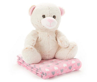 12" Cream Sitting Bear Plush & Heart Blanket Set