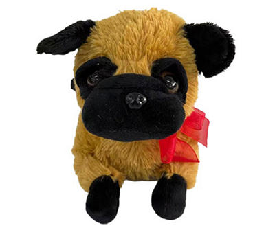 14" Lying Brown Pug Plush with Red Ribbon