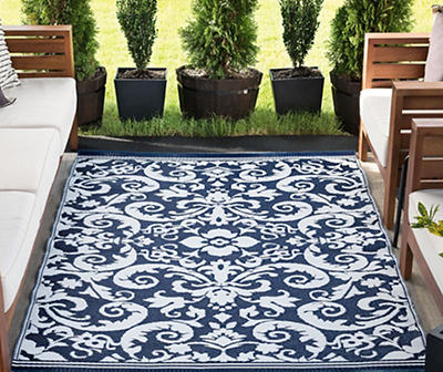 Navy & White Damask Plastic Outdoor Area Rug, (5' x 7')