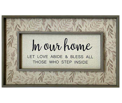"In Our Home" Green & Beige Leaf Linen-Print Wall Plaque