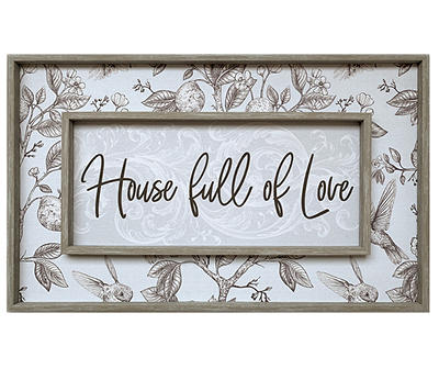 "House Full of Love" Blue & Brown Botanical Linen-Print Wall Plaque