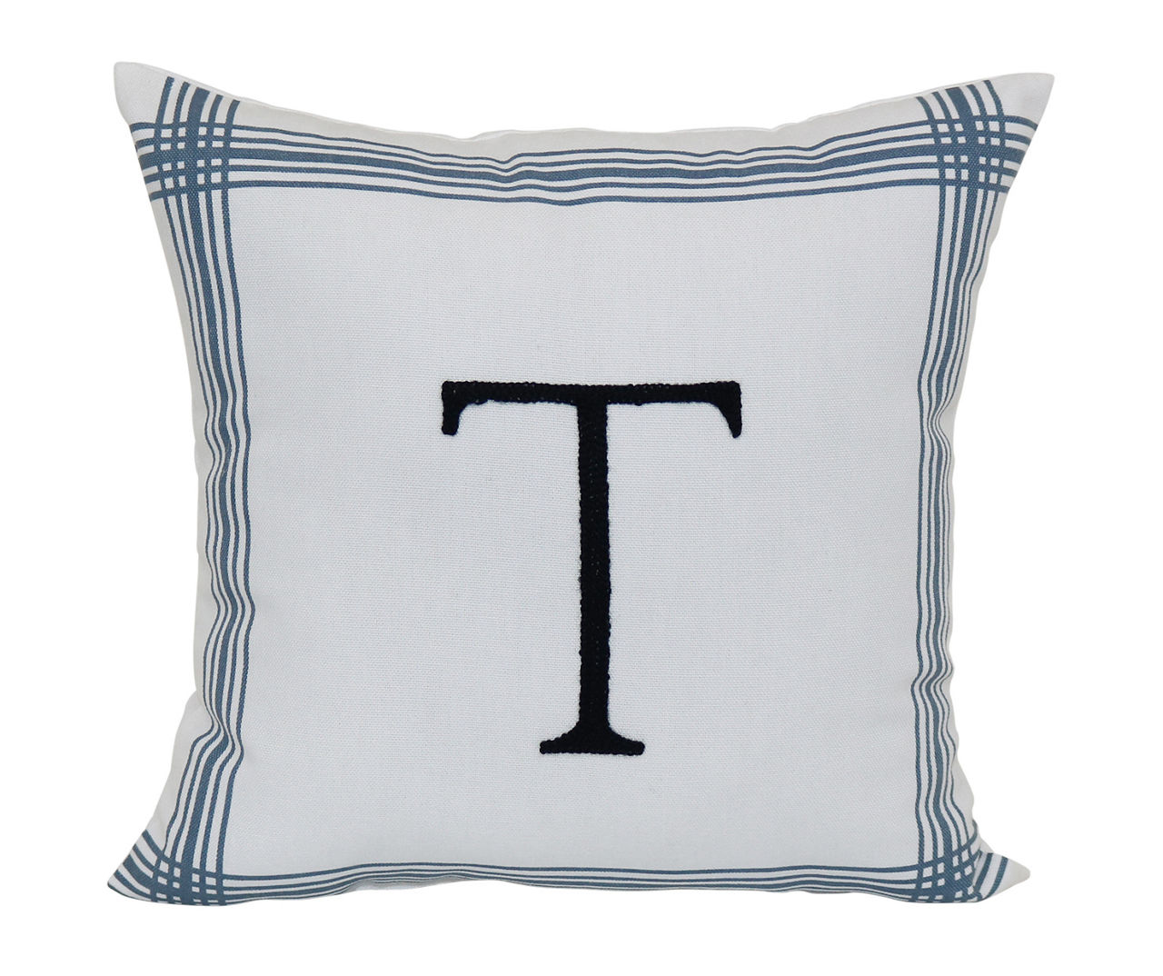 "T" White & Blue Plaid-Border Monogram Decorative Pillow