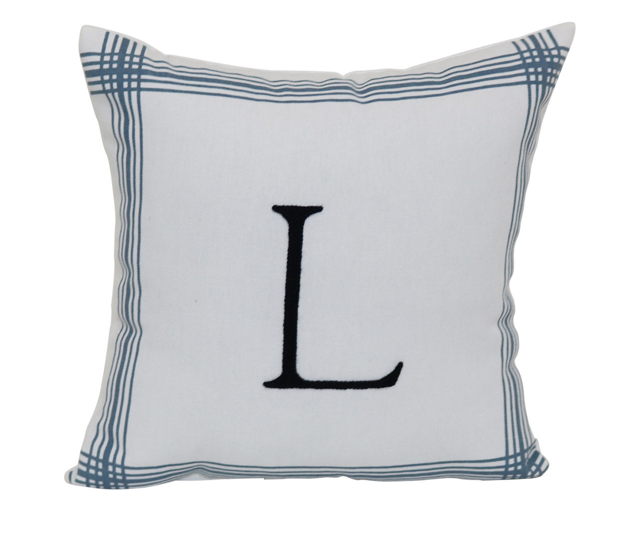 "L" White & Blue Plaid-Border Monogram Decorative Pillow