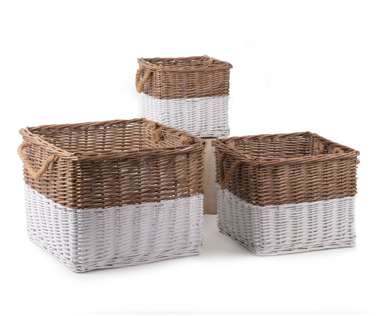 Brown & White 2-Tone 3-Piece Square Wicker Basket Set