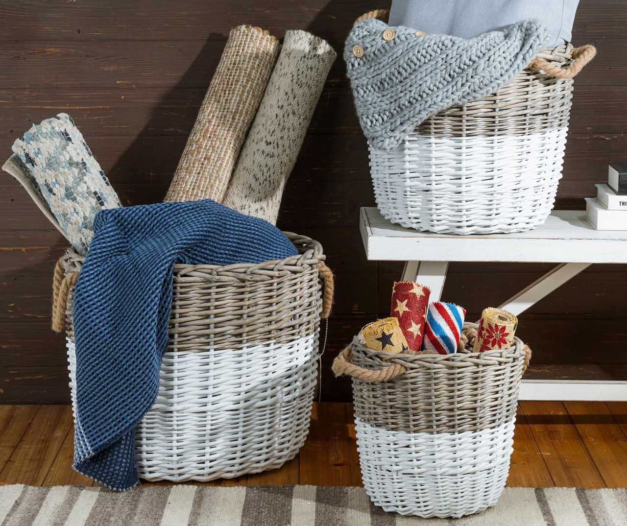 Brown & White 2-Tone 3-Piece Square Wicker Basket Set