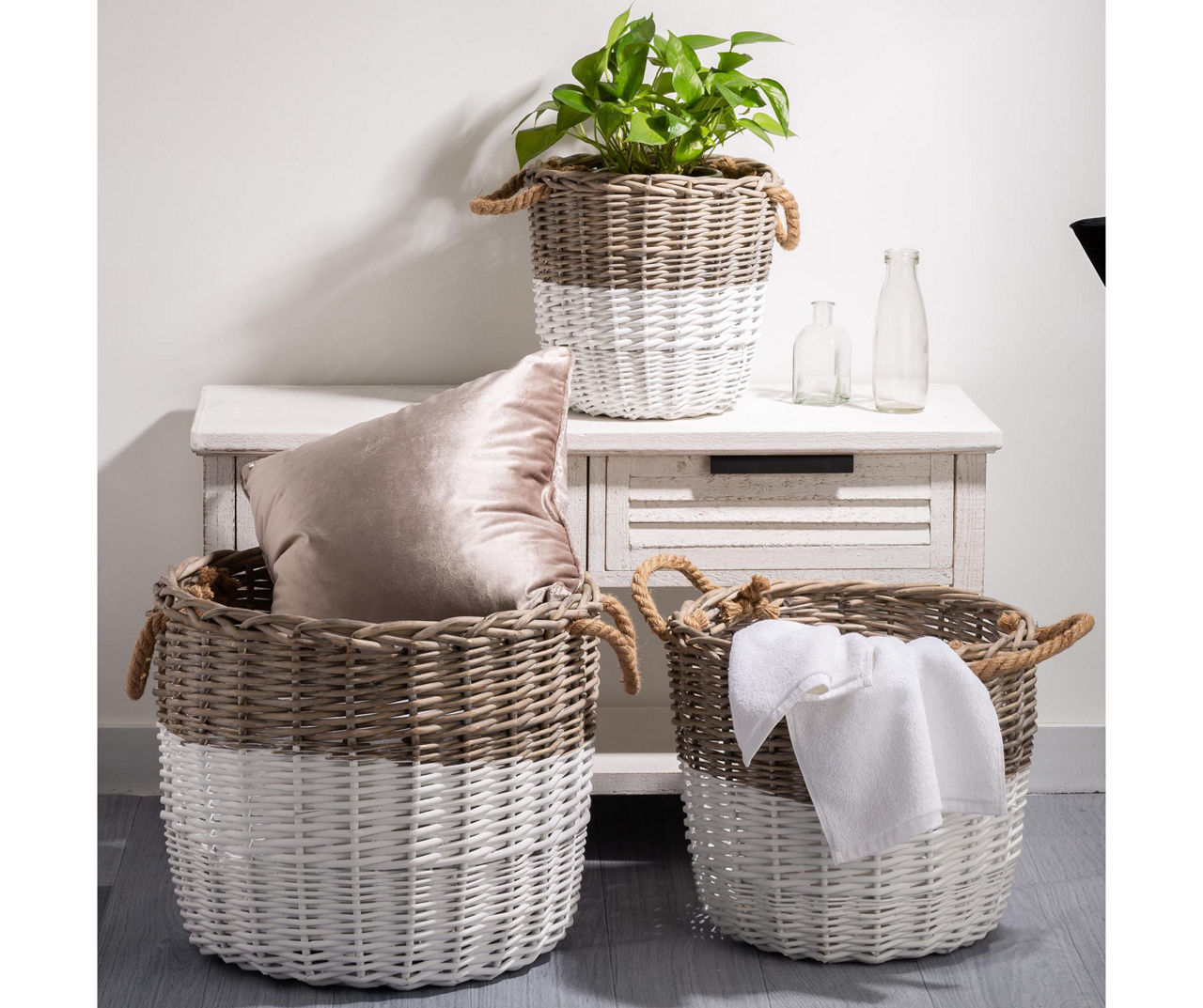 Brown & White 2-Tone 3-Piece Square Wicker Basket Set