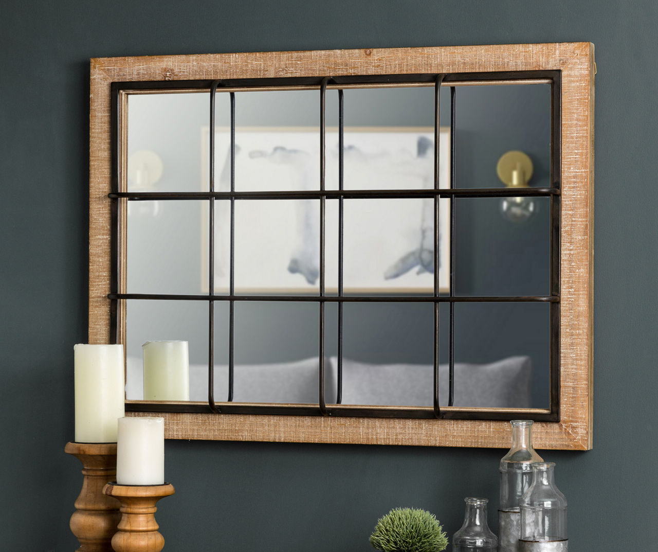 Natural Brown & Black Layered Windowpane Wall Mirror, (31.5