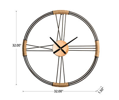 Gray & Brown Jute-Wrapped Roman Numeral Modern Farmhouse Wall Clock, (31.9")