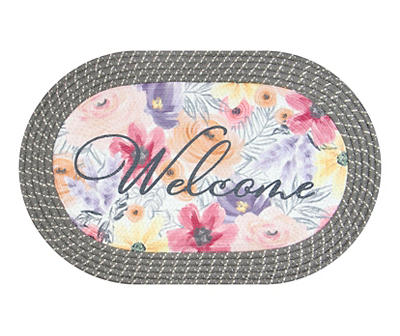 "Welcome" Pastel Floral Oval Doormat, (18" x 30")