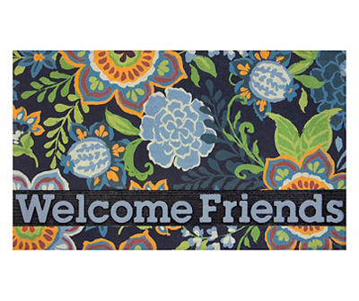 "Welcome Friends" Blue Floral Doormat, (18" x 30")