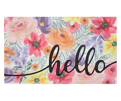 "Hello" Red & Purple Watercolor Floral Doormat, (18" x 27")