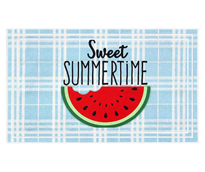 "Sweet Summertime" Blue Plaid Watermelon Doormat, (18" x 30")