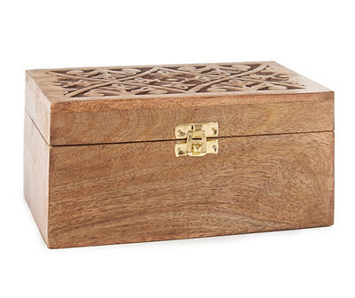 Brown Damask Lattice Carved Wooden Trinket Box