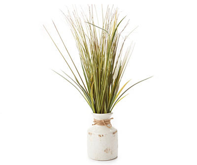 Green Artificial Grass Arrangement in White Vase With Jute