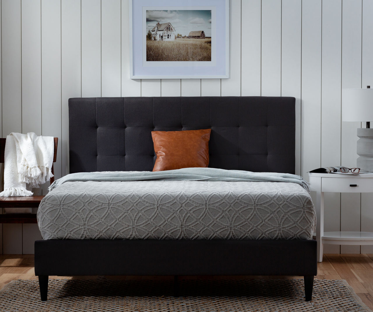 Rest haven upholstered platform bed deals frame with square tufted headboard