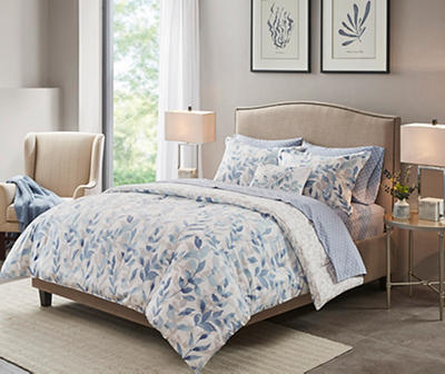 Blue Leaf Print Leisha Reversible California King 8-Piece Comforter Set