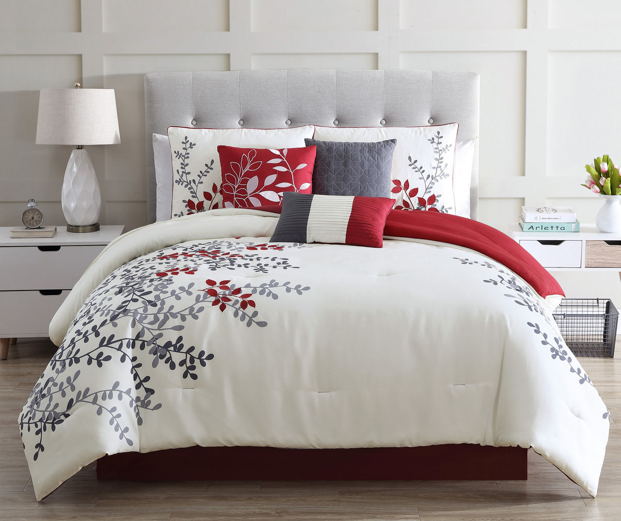 Ivory, Red & Gray Floral Pemberton Queen 7-Piece Bedding Set