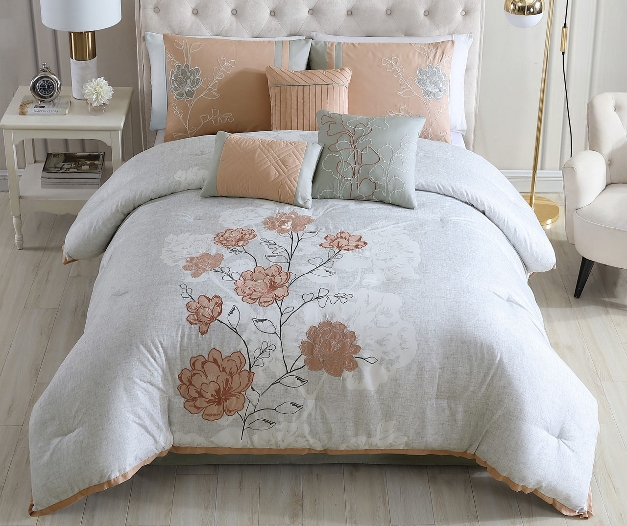 Blush & Gray Floral Bridget King 7-Piece Comforter Set