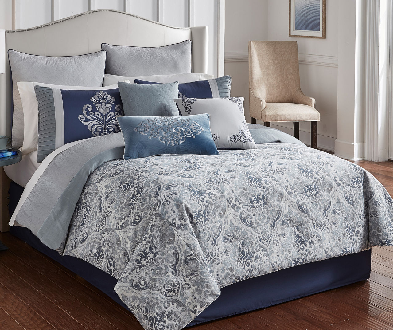 Blue & Gray Damask Clanton King 10-Piece Comforter Set