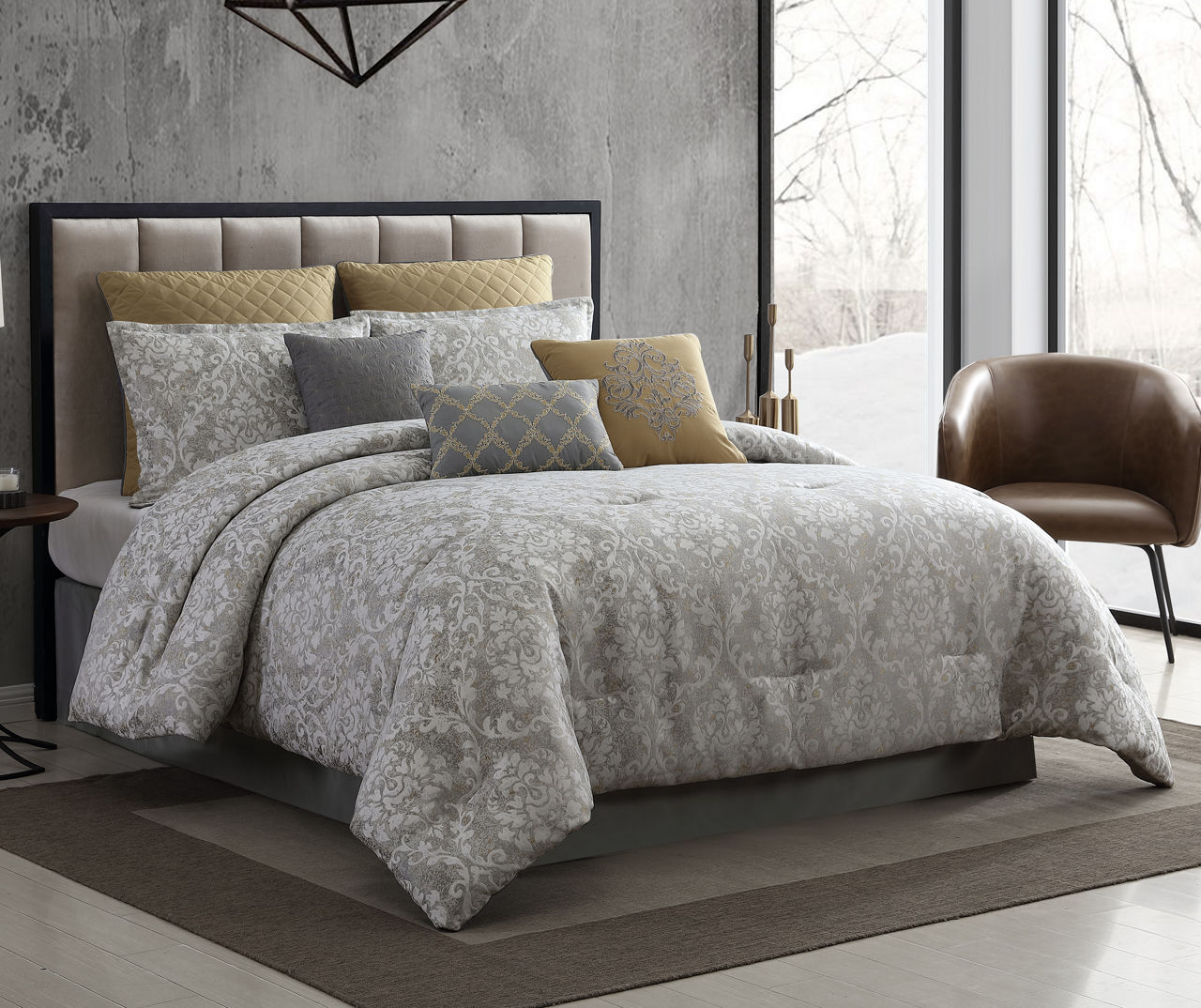 Gray & Gold Damask Lantana King 10-Piece Comforter Set