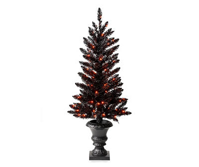 4' Black Pine LED Urn Tree with Orange Lights